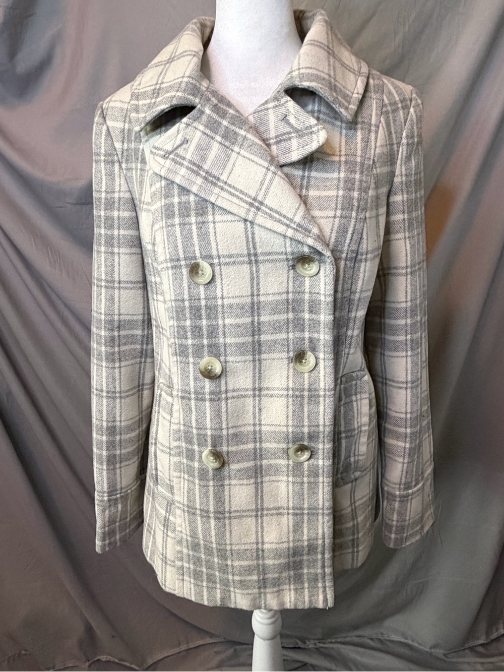 Old Navy Double-Breasted Plaid Pea Coat - Light Gray & Cream, sz small